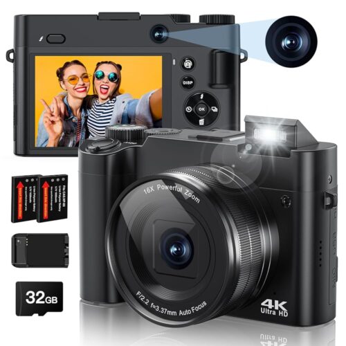 4K Digital Camera, 64MP Rear and Front Camera for Photography and Video Autofocus Anti-Shake, 3'' Selfie Flip Vlogging Camera with Ultra Bright Flash, Camera with Dial 16X Zoom...