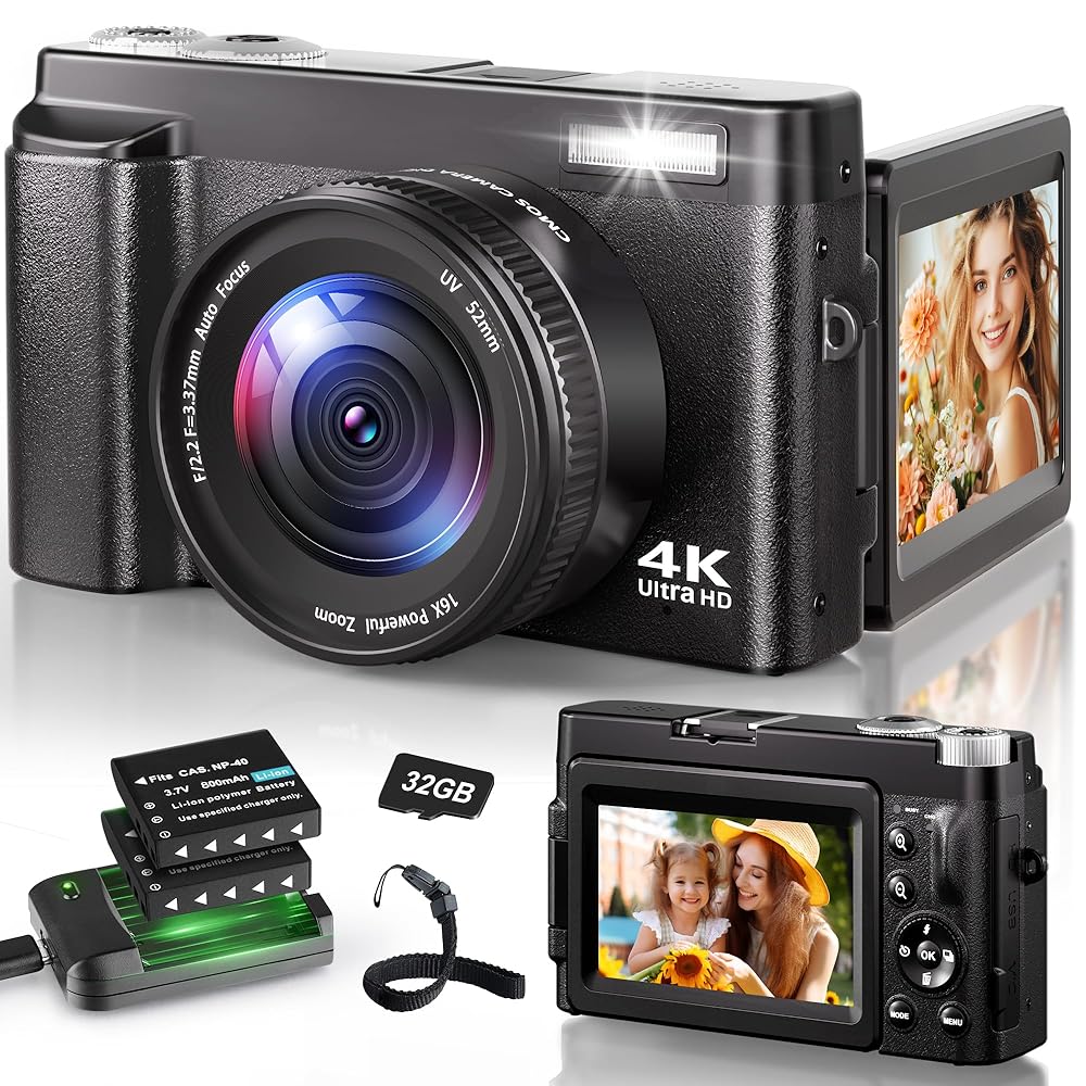 4K Digital Camera for Photography, 48MP Autofocus Vlogging Camera for YouTube with 3'' 180°Flip Screen, 16X Digital Zoom Anti-Shake Compact Travel Camera with SD Card, 2...