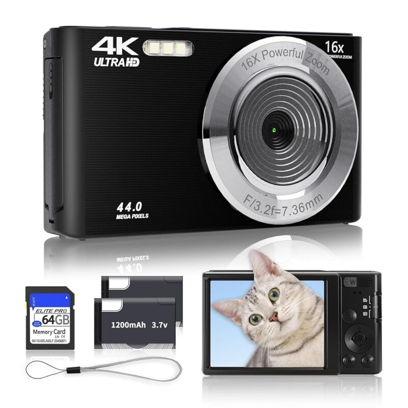 Black Digital Camera 2024 Newest 4K 44MP Digital Cameras for Teens, Digital Point and Shoot Camera for Kids with 16X Zoom, 64GB SD Card, Compact Small Camera for Boys Girls...