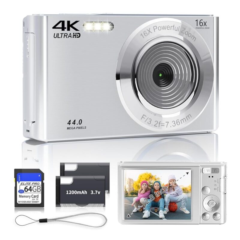 Digital Camera 2024 Newest 4K 44MP Digital Cameras for Teens, Silver Digital Point and Shoot Camera for Kids with 16X Zoom, 64GB SD Card, Compact Small Camera for Boys Girls...