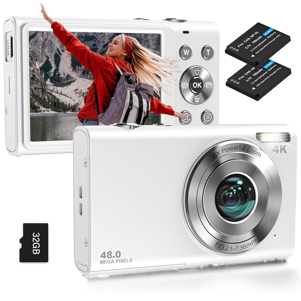 Digital Camera, Autofocus UHD 4K Vlogging Camera with 32GB Card, 48MP 16X Digital Zoom Digital Camera, Anti-Shake Portable YouTube Compact Point Shoot Camera for Teens Adult...