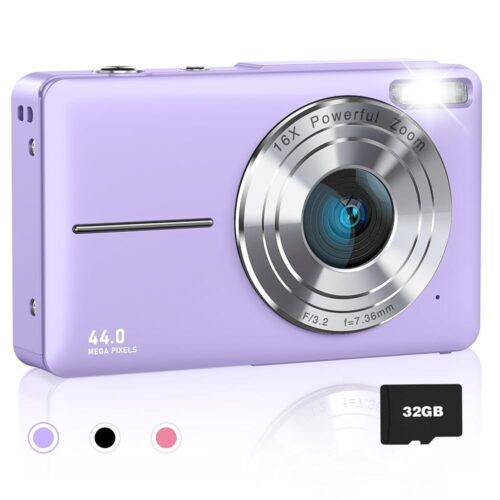 Digital Camera, FHD 1080P Kids Camera, 44MP Point and Shoot Cameras for Pictures with 32GB Card, 16X Zoom, Lanyard, Portable Travel Mini Camera for Kids Teens Beginner(Purple)