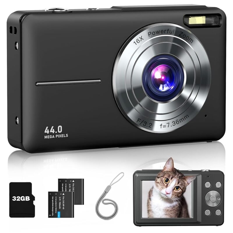 Digital Camera FHD 1080P Kids Camera 44MP with 32GB Card, 2 Batteries, Lanyard, 16X Zoom Anti Shake, Compact Portable Small Point and Shoot Camera for Kids Student Children...