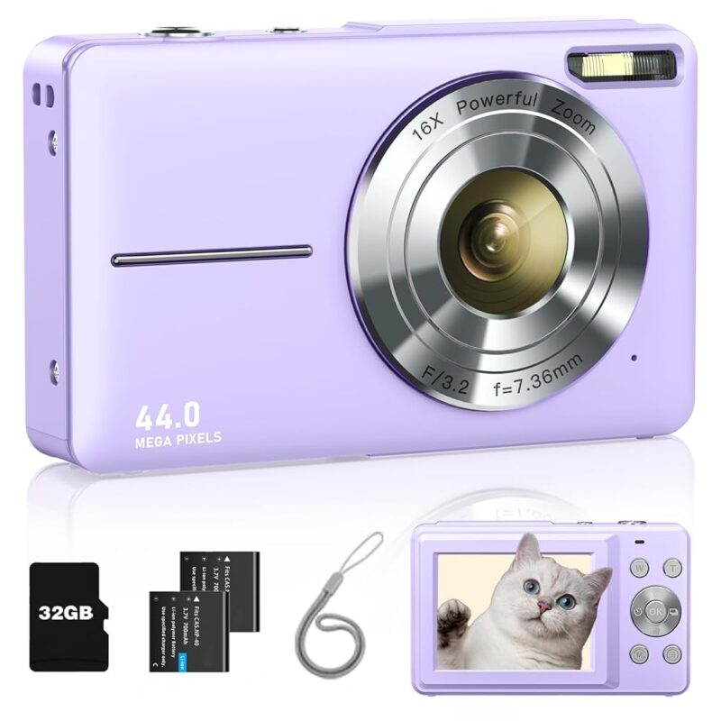 Digital Camera, FHD 1080P Kids Camera with 32GB Card, 2 Batteries, Lanyard, 44MP 16X Zoom Anti Shake, Compact Portable Point Shoot Mini Camera for Kids Teens Students Children...