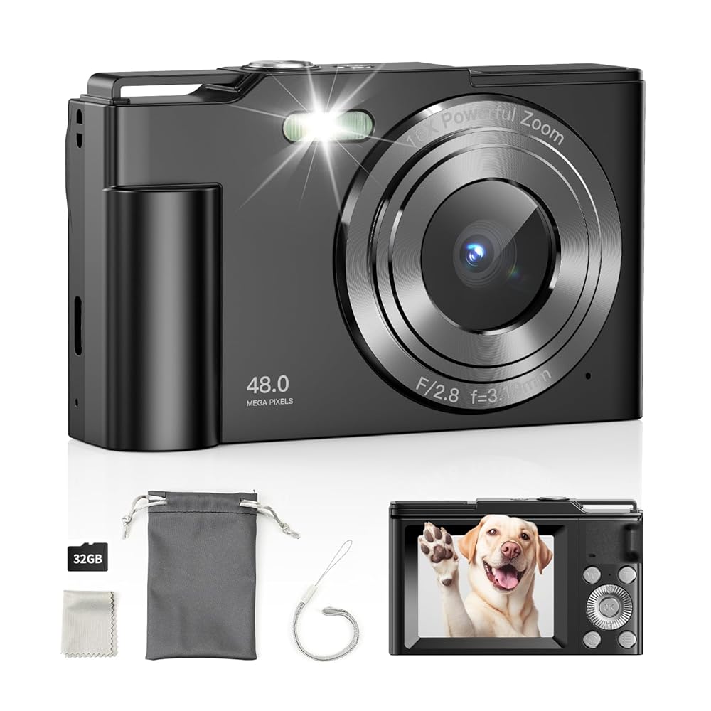 Digital Camera, FHD 1080P Kids Digital Point and Shoot Camera with 16X Digital Zoom, Anti-Shake, Flash, 32GB Card, Portable Compact Travel Camera for Boys, Girls (Black)