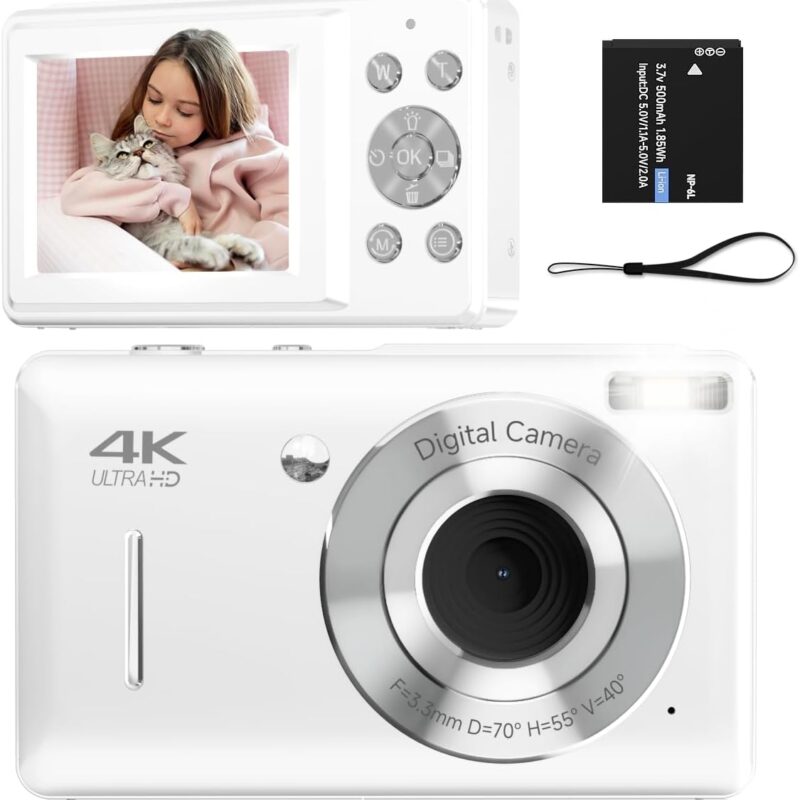 Digital Camera for Kids, FHD 1080P 44MP Point and Shoot Digital Camera with Face Detect, Smile Capture, 18X Zoom, 20 Filters, Anti Shake, White Compact Vintage Camera for Teens...