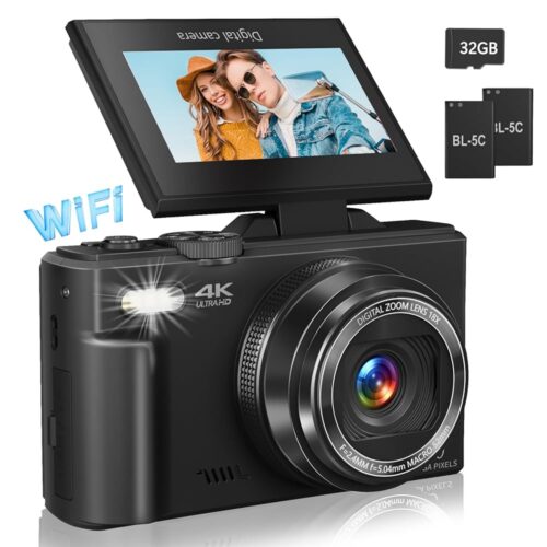 Digital Camera for Photography, 4K Vlogging Camera for YouTube 3" 180° Flip Screen 18X Digital Zoom Compact Retro Camera with 32GB TF Card & 2 Batteries, Black