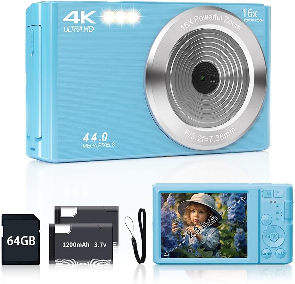 Digital Camera for Teens, FHD 4K 44MP Digital Camera Blue Autofocus with 64GB SD Card 16X Zoom, Cameras for Photography Compact Point and Shoot Camera for Teen Boy Girl Kids...