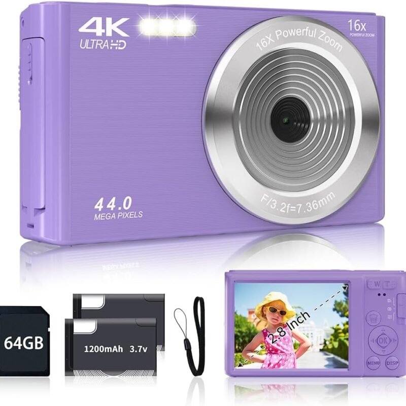 Digital Camera for Teens, FHD 4K 44MP Digital Camera Purple with 64GB SD Card 16X Digital Zoom, Cameras for Photography Compact Point and Shoot Camera for Teen Boys Girls Kids...