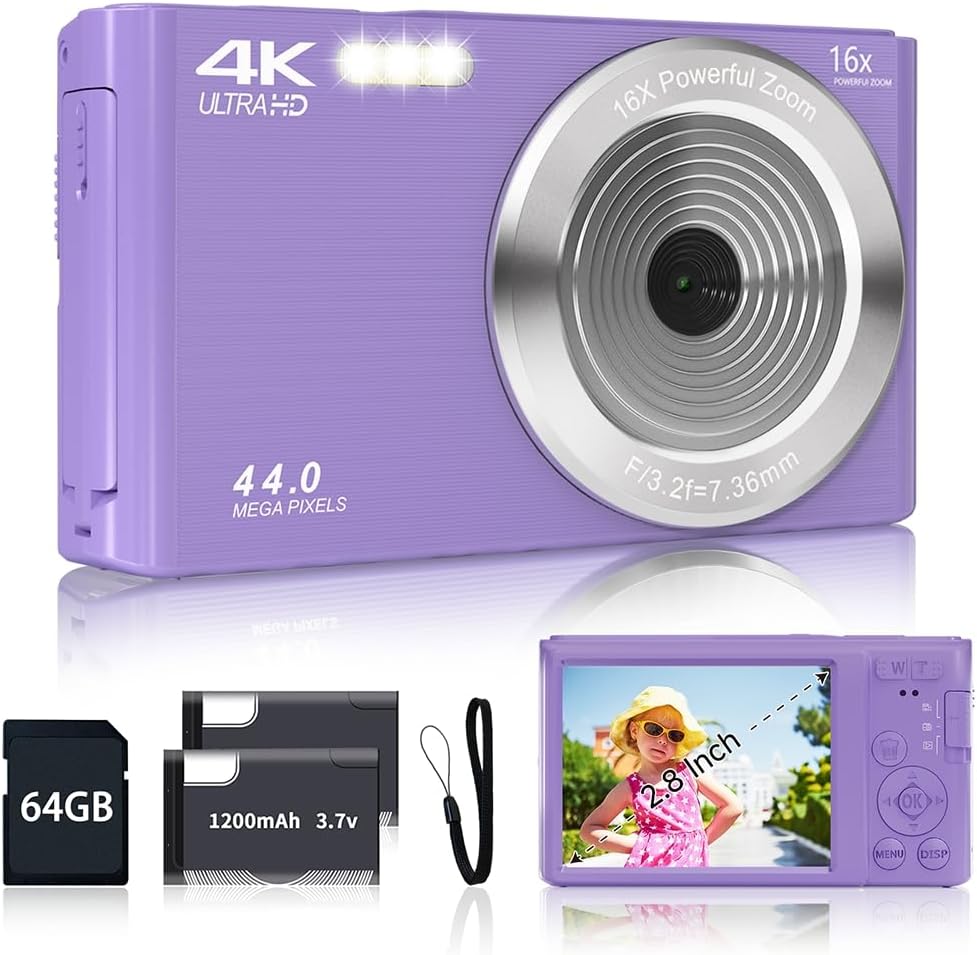 Digital Camera for Teens, FHD 4K 44MP Digital Camera Purple with 64GB SD Card 16X Digital Zoom, Cameras for Photography Compact Point and Shoot Camera for Teen Boys Girls Kids...