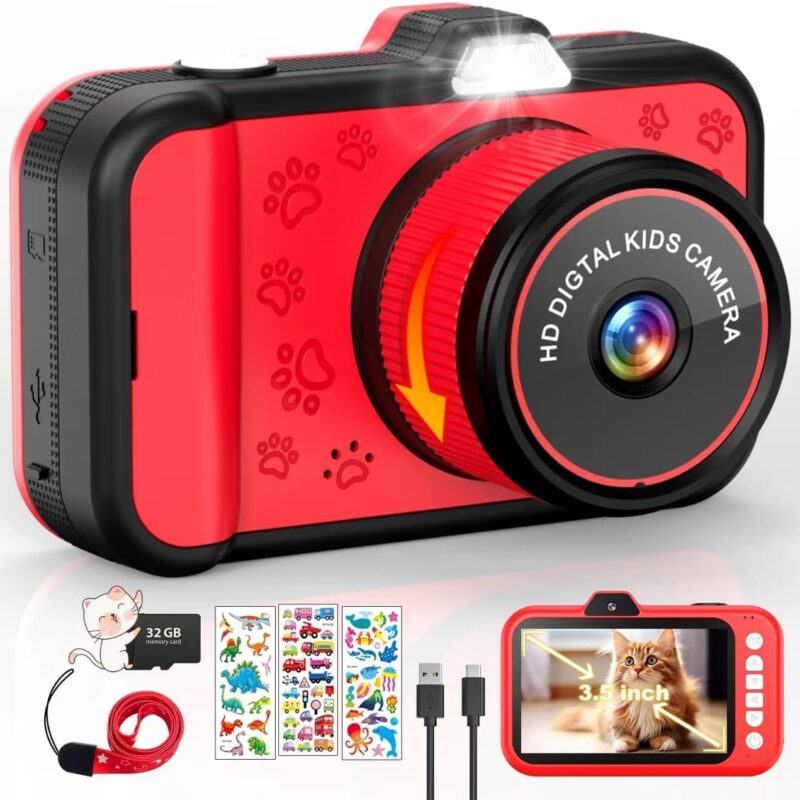 Kids Camera, 1080P 48MP Front Selfie Toddler Camera, 3.5 inch Big Screen Toy Camera, 10X Zoom in Chritmas Birthday Gift Cameras for Kids Boys Girl Age 2 3 4 5 6 7 8 9 10 11 12, Red