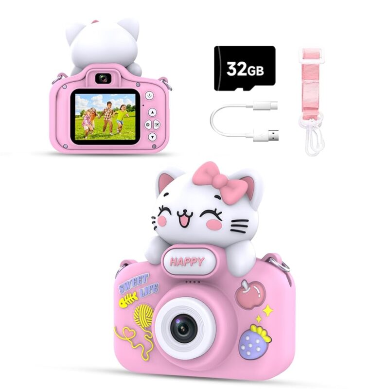 Kids Camera for Girls Age 3-8, Selfie Digital Camera for Kids, 1080P Video Toddler Camera for Chritmas Birthday Festival Gifts with Cute Protective Cat Case & 16GB TF Card, Pink