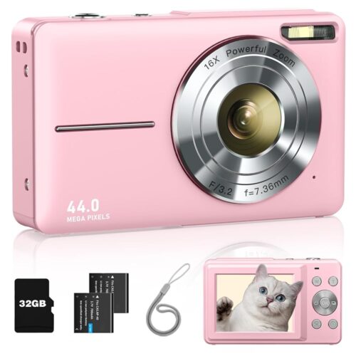 Lecran Digital Camera, FHD 1080P Kids Camera with 32GB Card, 2 Batteries, Lanyard, 16X Zoom Anti Shake, 44MP Compact Portable Small Point Shoot Camera Gift for Kid Student...