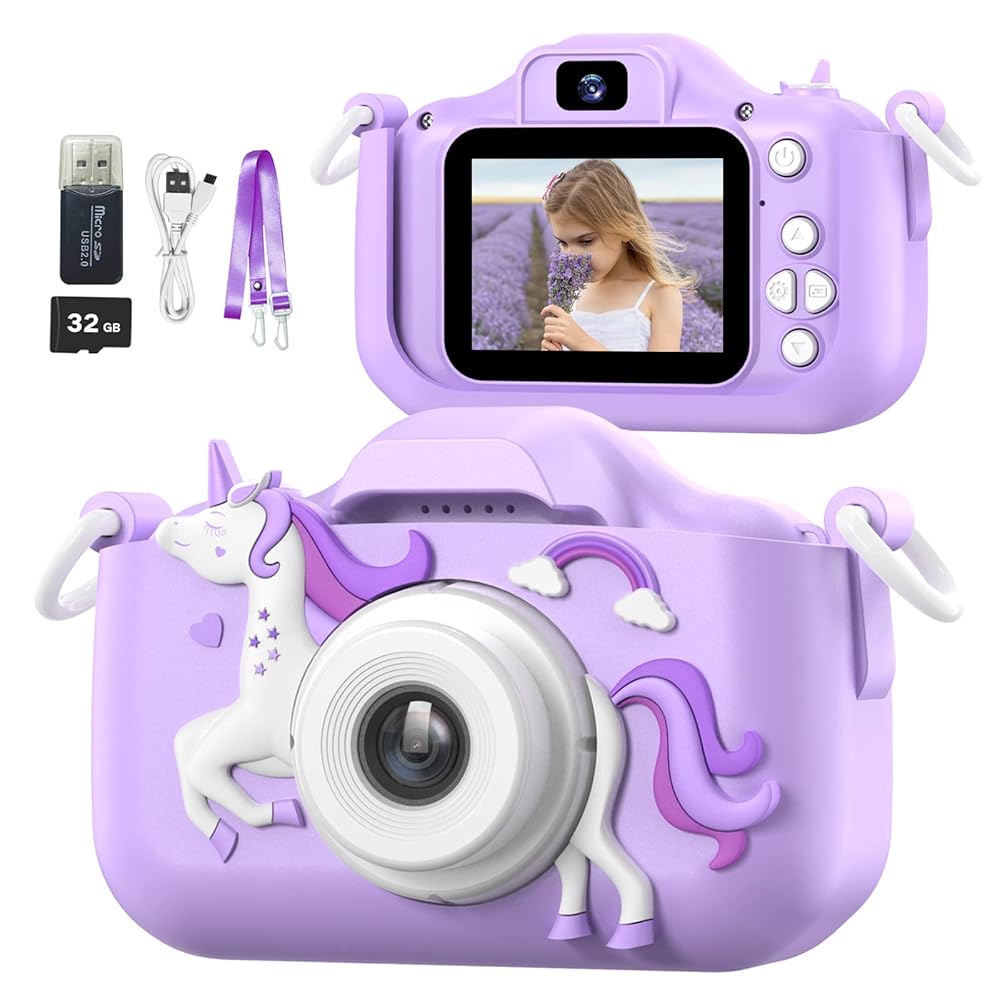 MgaoLo Children's Camera Toys for 3-12 Years Old Kids Boys Girls,HD Digital Video Camera with Protective Silicone Cover,Christmas Birthday Gifts with 32GB SD Card (Purple)