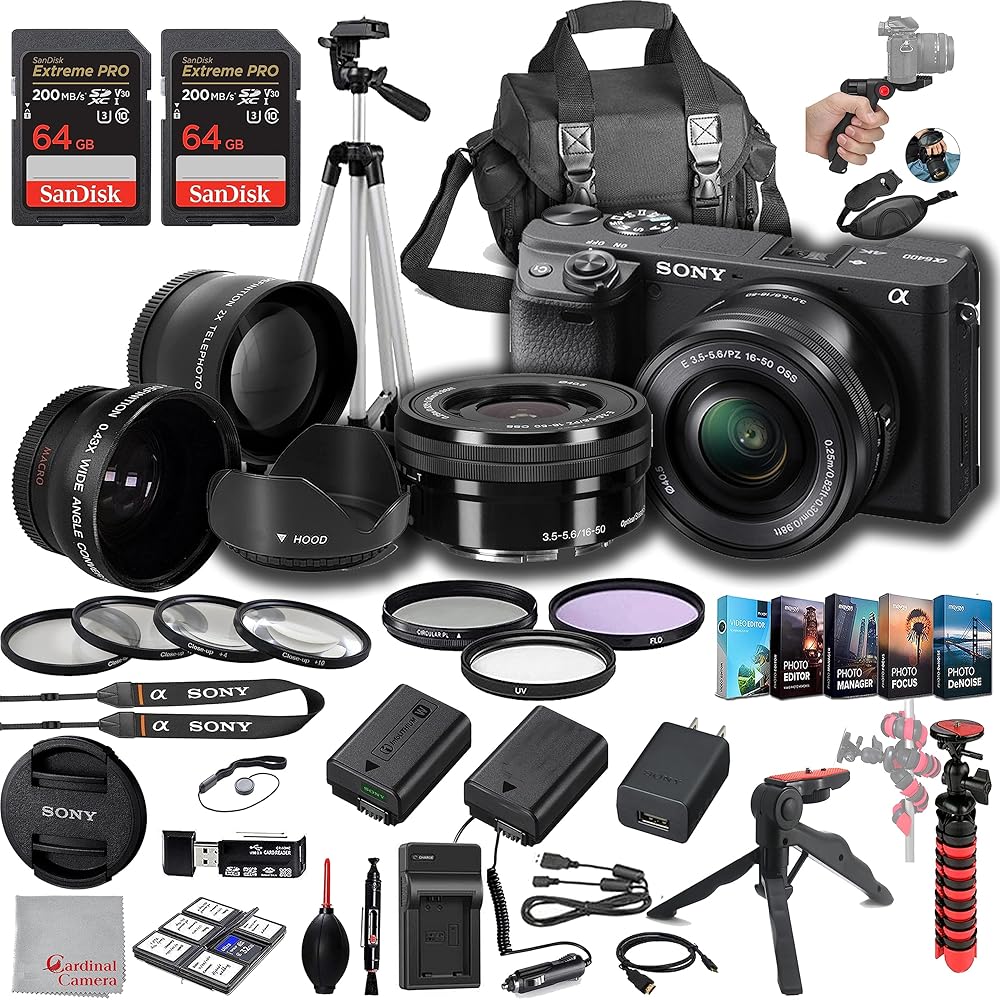 Sony a6400 Mirrorless Camera with 16-50mm Lens, 128GB Extreem Speed Memory,.43 Wide Angle & 2X Lenses, Case,Tripod, Filters, Hood, Grip,Spare Battery & Charger,Editing Software...