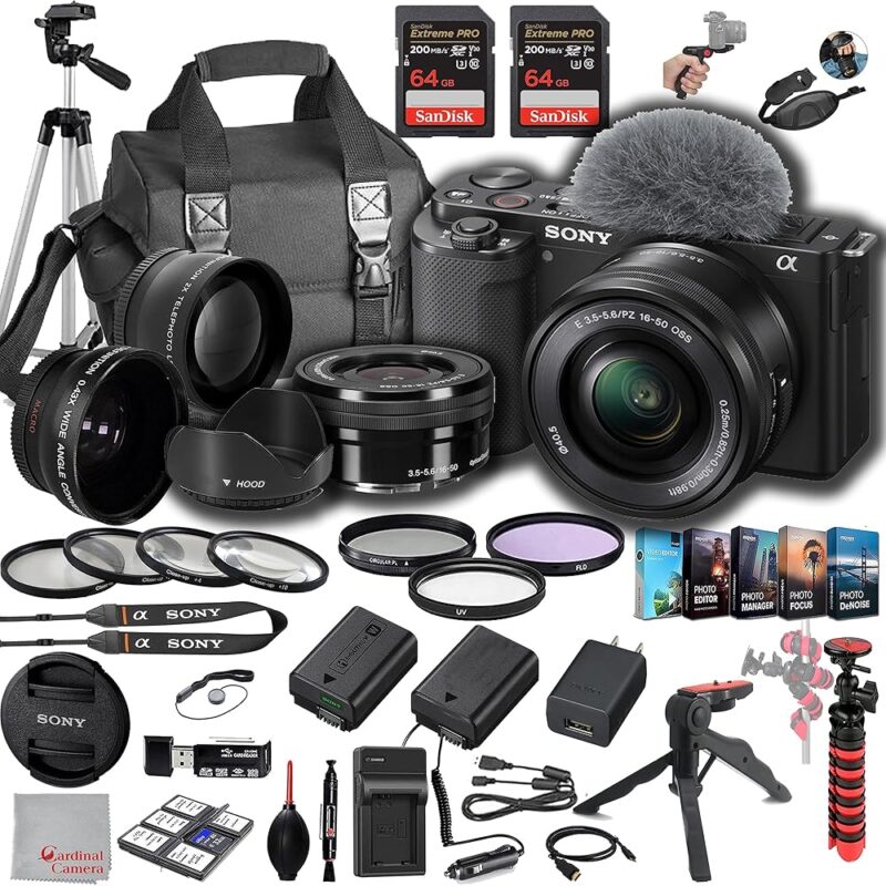 Sony ZV-E10 Mirrorless Camera with 16-50mm Lens, 128GB Extreem Speed Memory,.43 Wide Angle & 2X Lenses, Case. Tripod, Filters, Hood, Grip,Spare Battery & Charger, Editing...