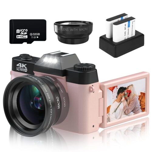 VETEK Digital Cameras for Photography, 4K 48MP Vlogging Camera 16X Digital Zoom Manual Focus Students Compact Camera with 52mm Wide-Angle Lens & Macro Lens, 32G Micro Card and 2...